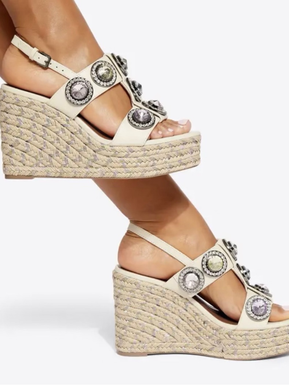 Kurt Geiger Ivory Jeweled Espadrille Wedge Sandals